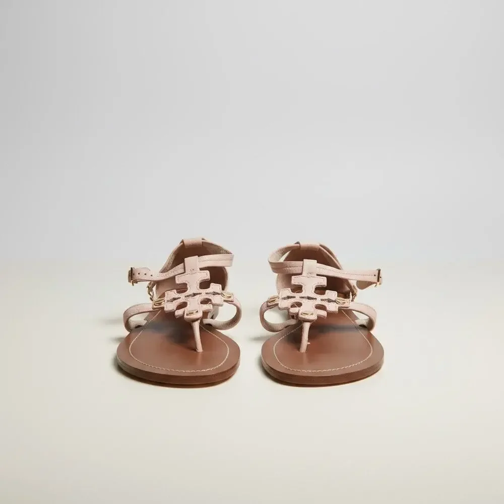 Tory Burch Phoebe Blush Leather Flat Thong Ankle Strap Sandals Sz 8